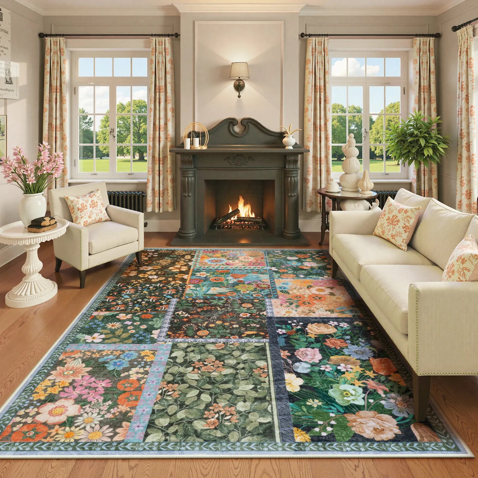 Amour Washable Boho Patchwork Floral Colorful Rug Rugs Lahome 5' x 7'