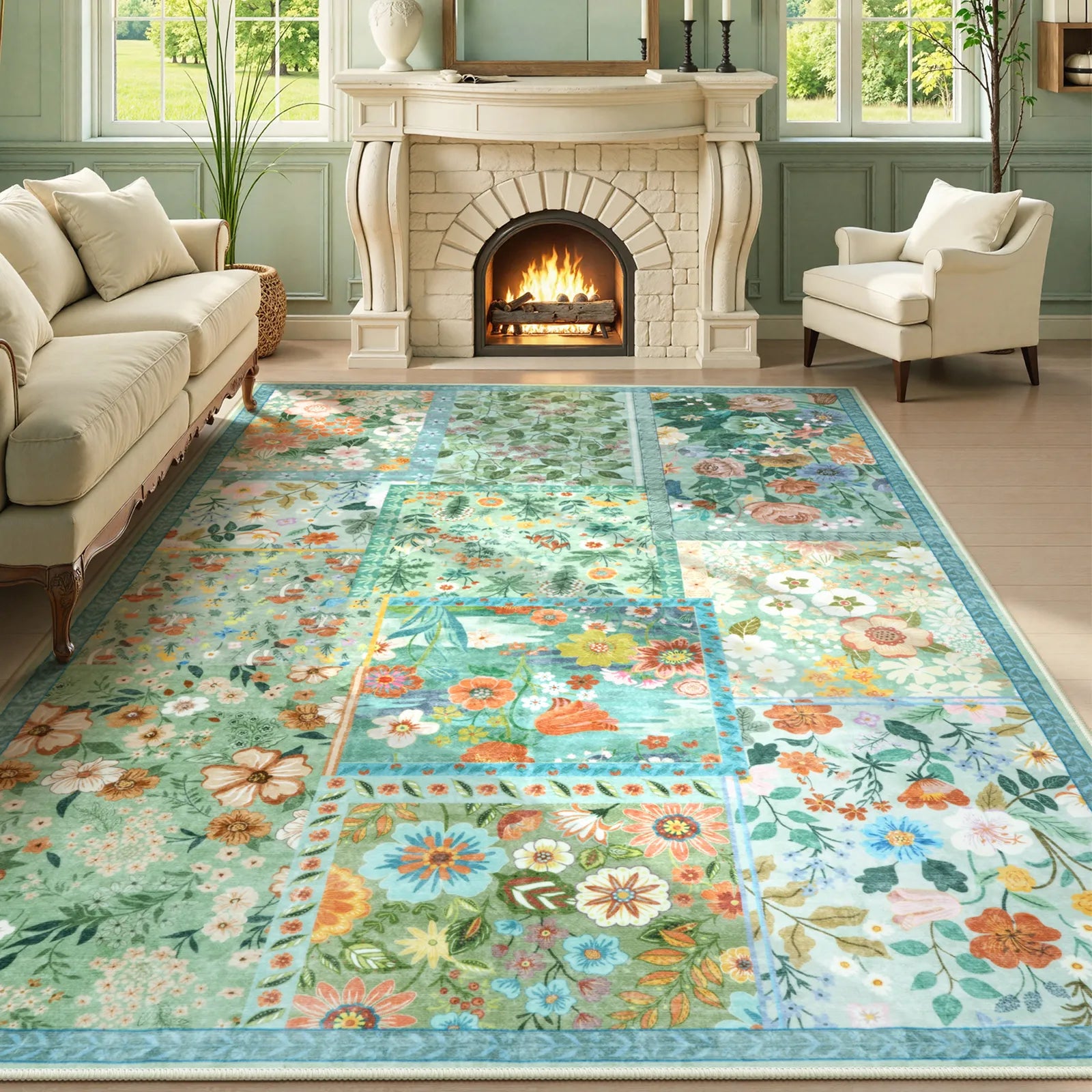 Amour Washable Boho Patchwork Floral Green Rug Rugs Lahome 8' x 10'