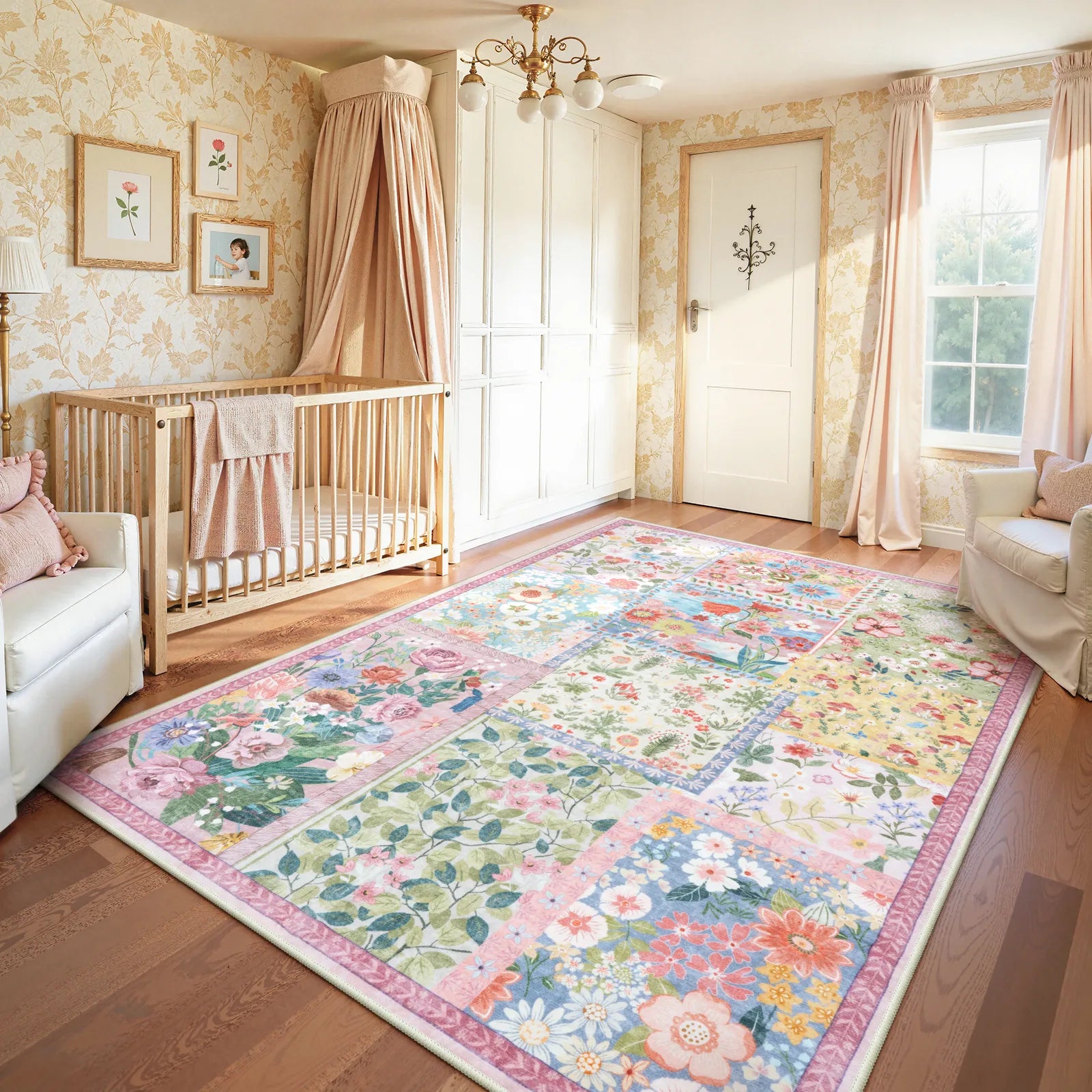Amour Washable Boho Patchwork Floral Pink Rug Rugs Lahome 8' x 10'