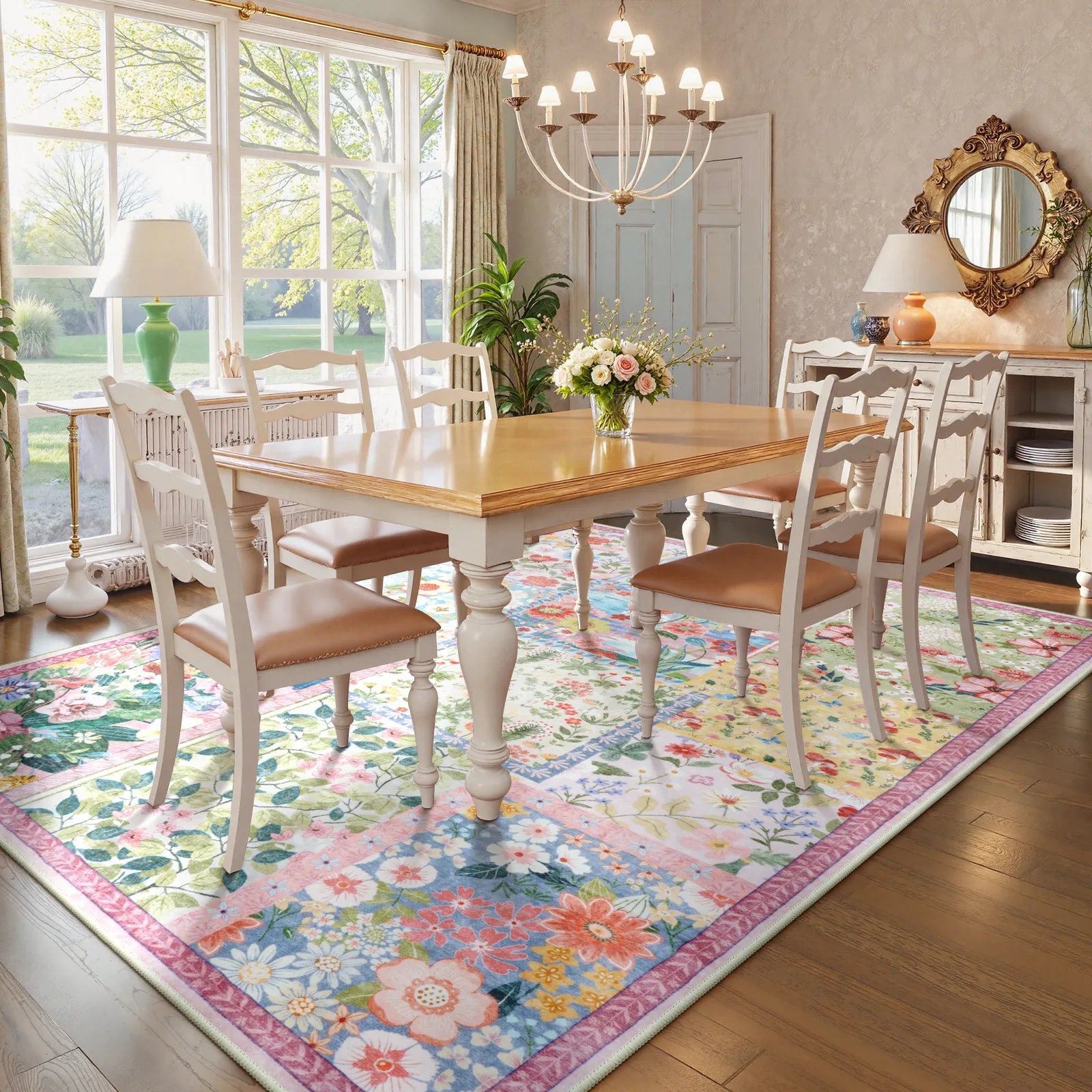 Amour Washable Boho Patchwork Floral Pink Rug Rugs Lahome