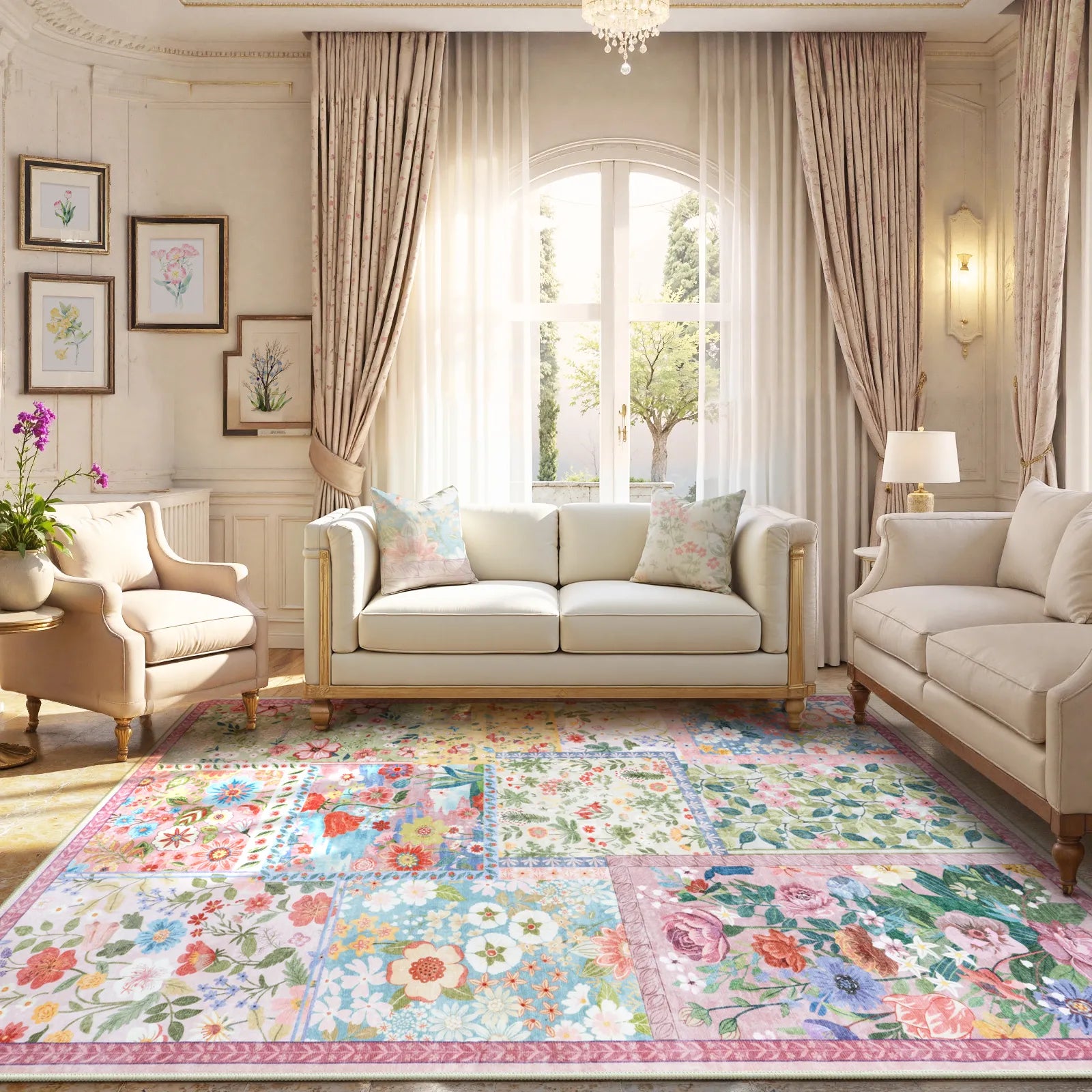 Amour Washable Boho Patchwork Floral Pink Rug Rugs Lahome