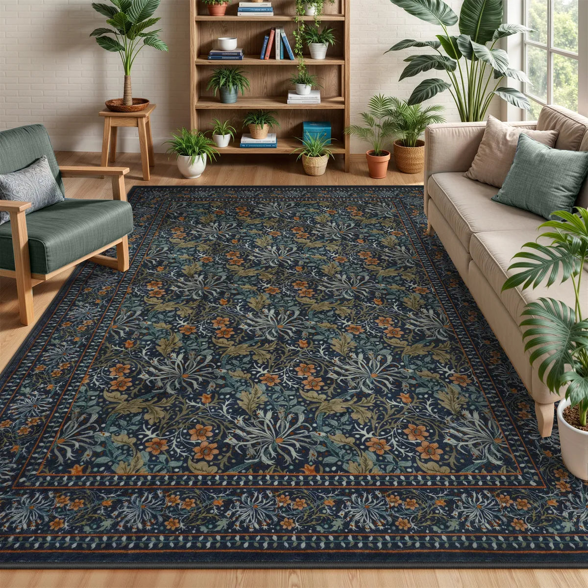 Arbore Washable Boho Vintage Floral Dark Green Rug Area Rugs Lahome 8' x 10'