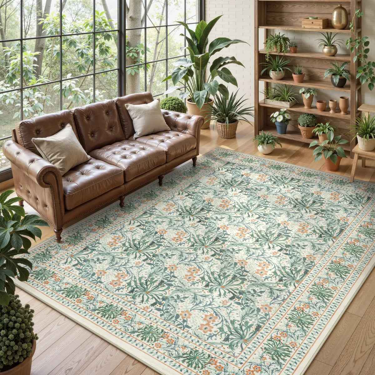Arbore Washable Boho Vintage Floral Light Green Rug Area Rugs Lahome