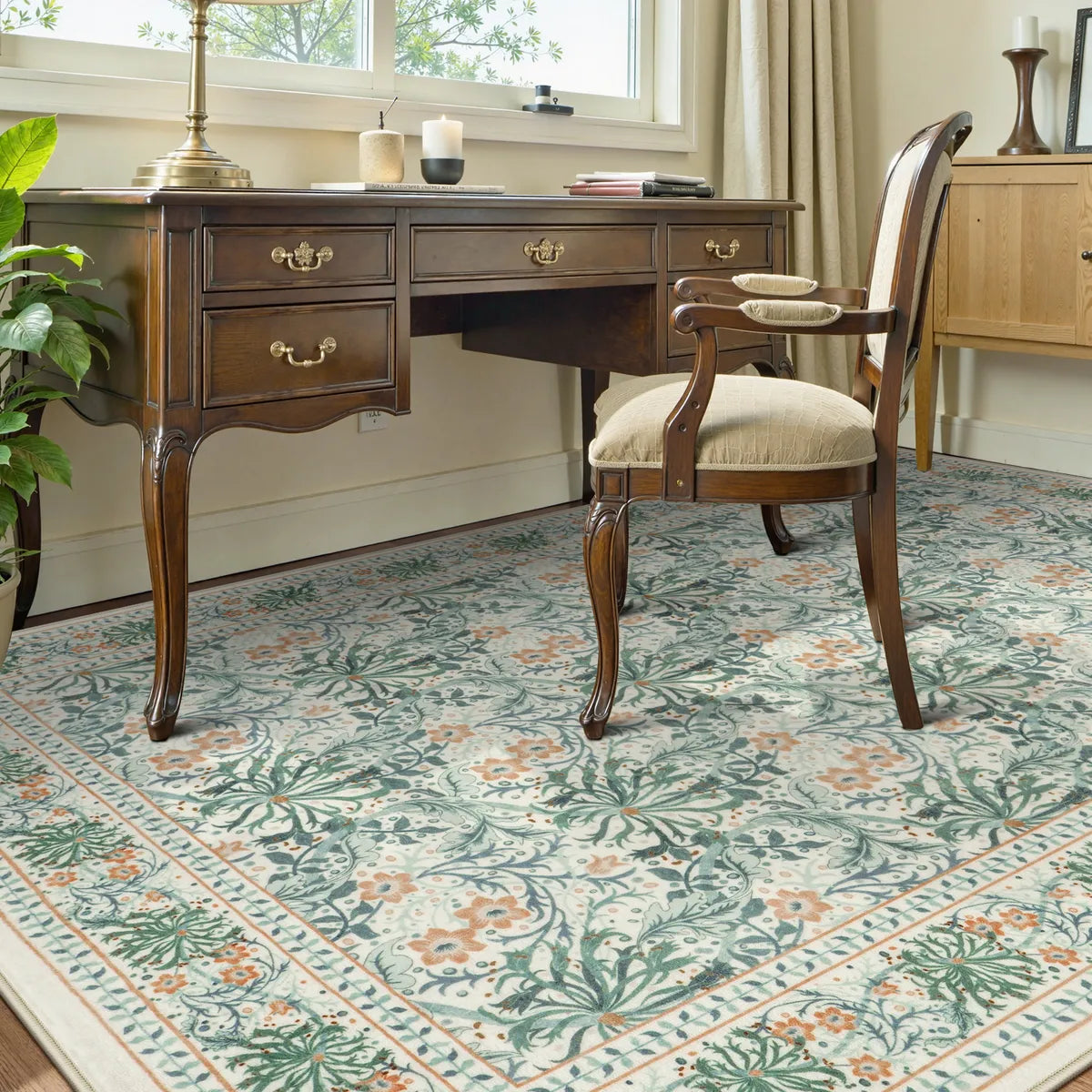Arbore Washable Boho Vintage Floral Light Green Rug Area Rugs Lahome