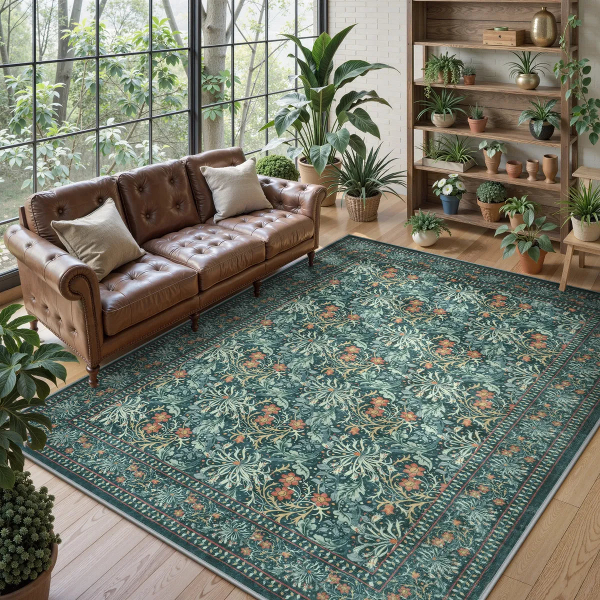 Arbore Washable Boho Vintage Floral Teal Rug Area Rugs Lahome