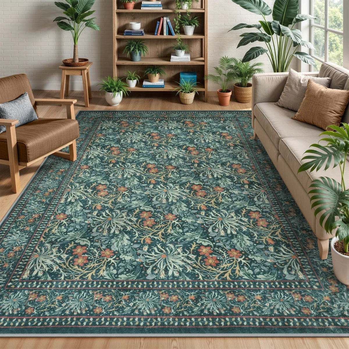 Arbore Washable Boho Vintage Floral Teal Rug Area Rugs Lahome 8' x 10'