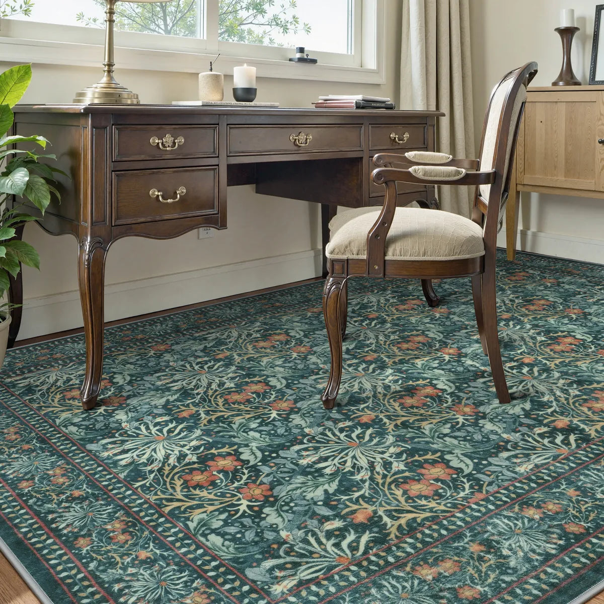 Arbore Washable Boho Vintage Floral Teal Rug Area Rugs Lahome