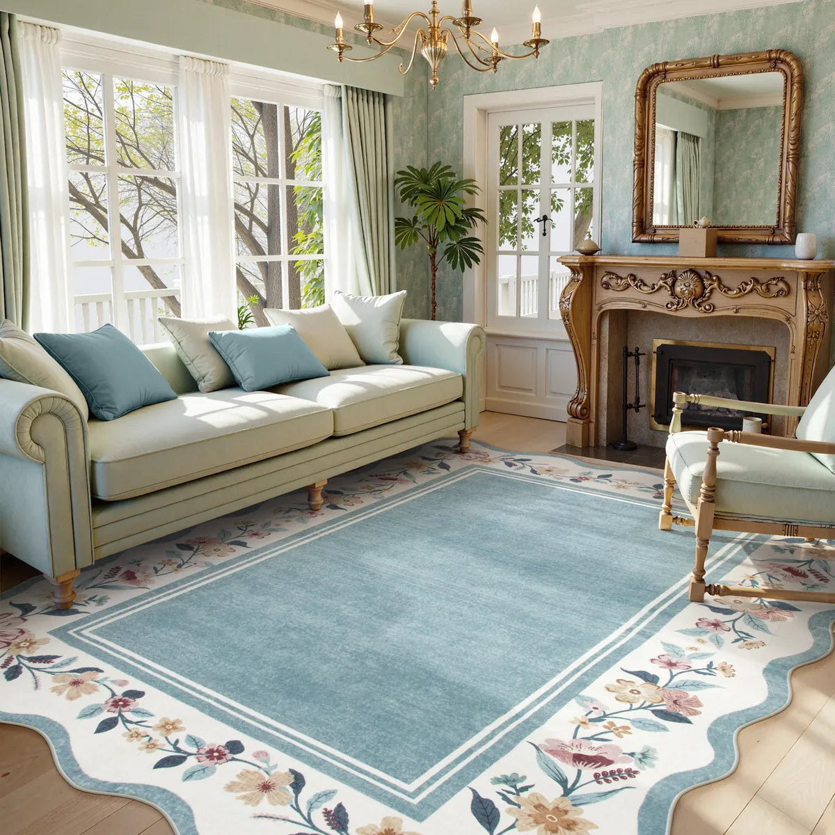 Ariele Washable Vintage Floral Scalloped Dusty Blue Rug Area Rugs Lahome 8' x 10'