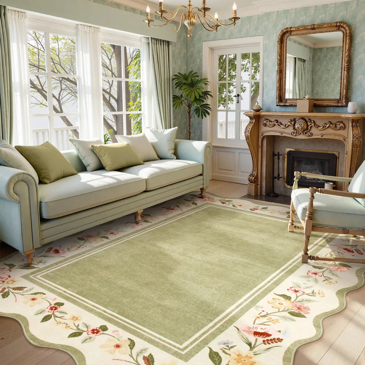 Ariele Washable Vintage Floral Scalloped Sage Green Rug - 8' x 10'