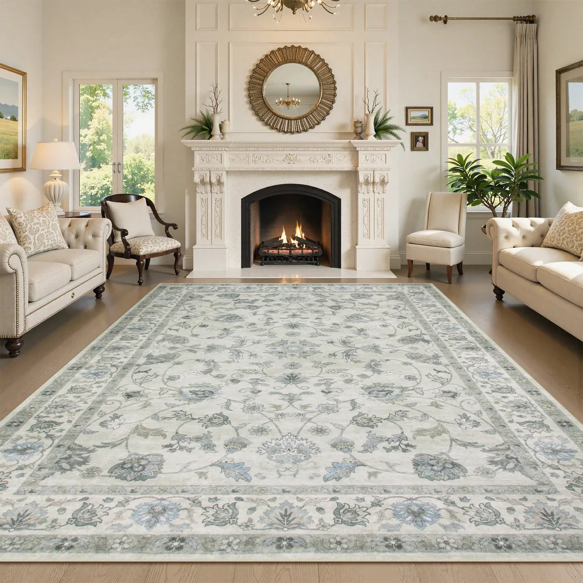 Aurelia Washable Vintage Floral Beige Grey Rug Rugs Lahome 8' x 10'