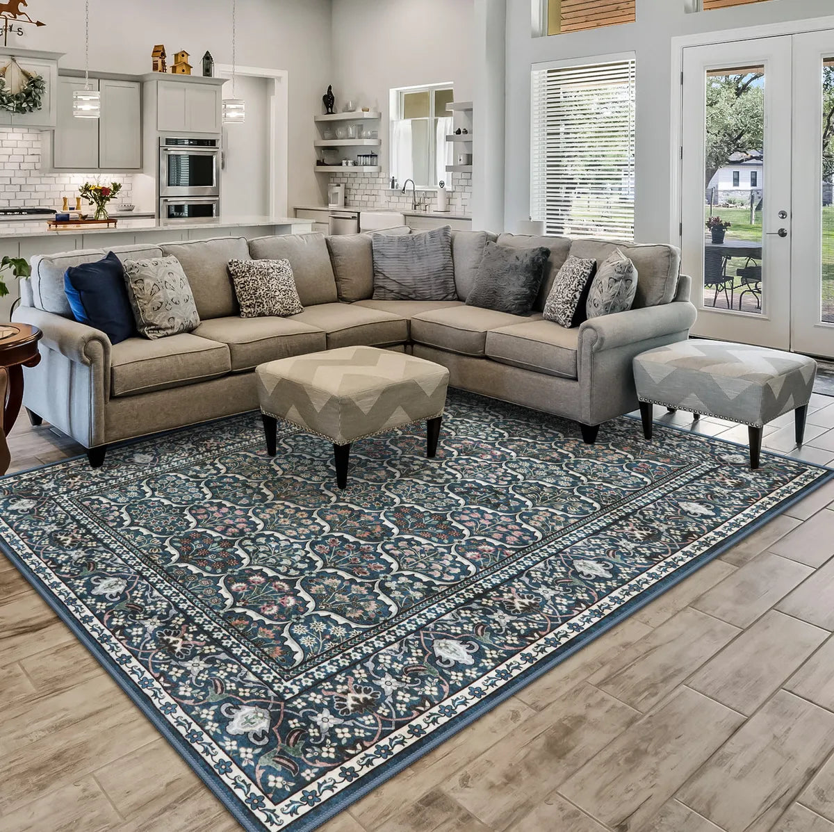 Elodie Washable Boho Vintage Trellis Floral Blue Rug Clearance Rugs Lahome 8' x 10'