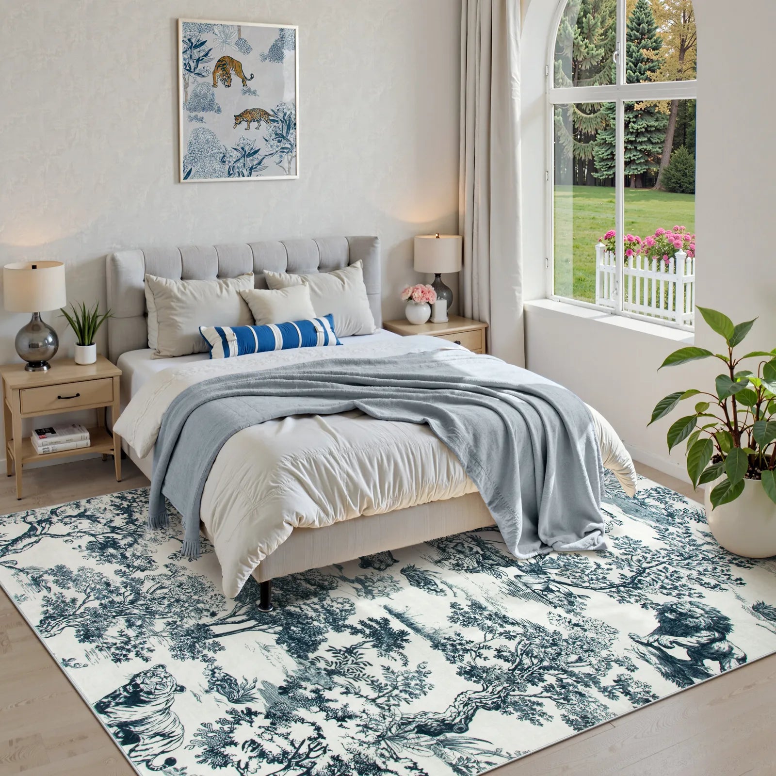Brume Washable Vintage Toile Tiger Navy Blue Rug Area Rugs Lahome