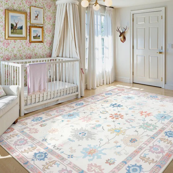 Cachet Washable Boho Oushak Floral Pink Rug Rugs Lahome