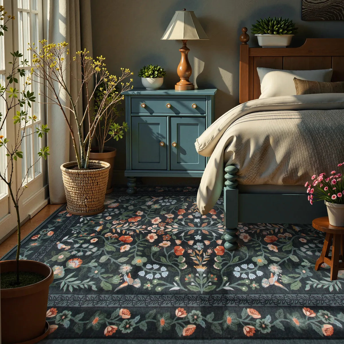 Celeste Washable Vintage Floral Black Area Rug Area Rugs Lahome