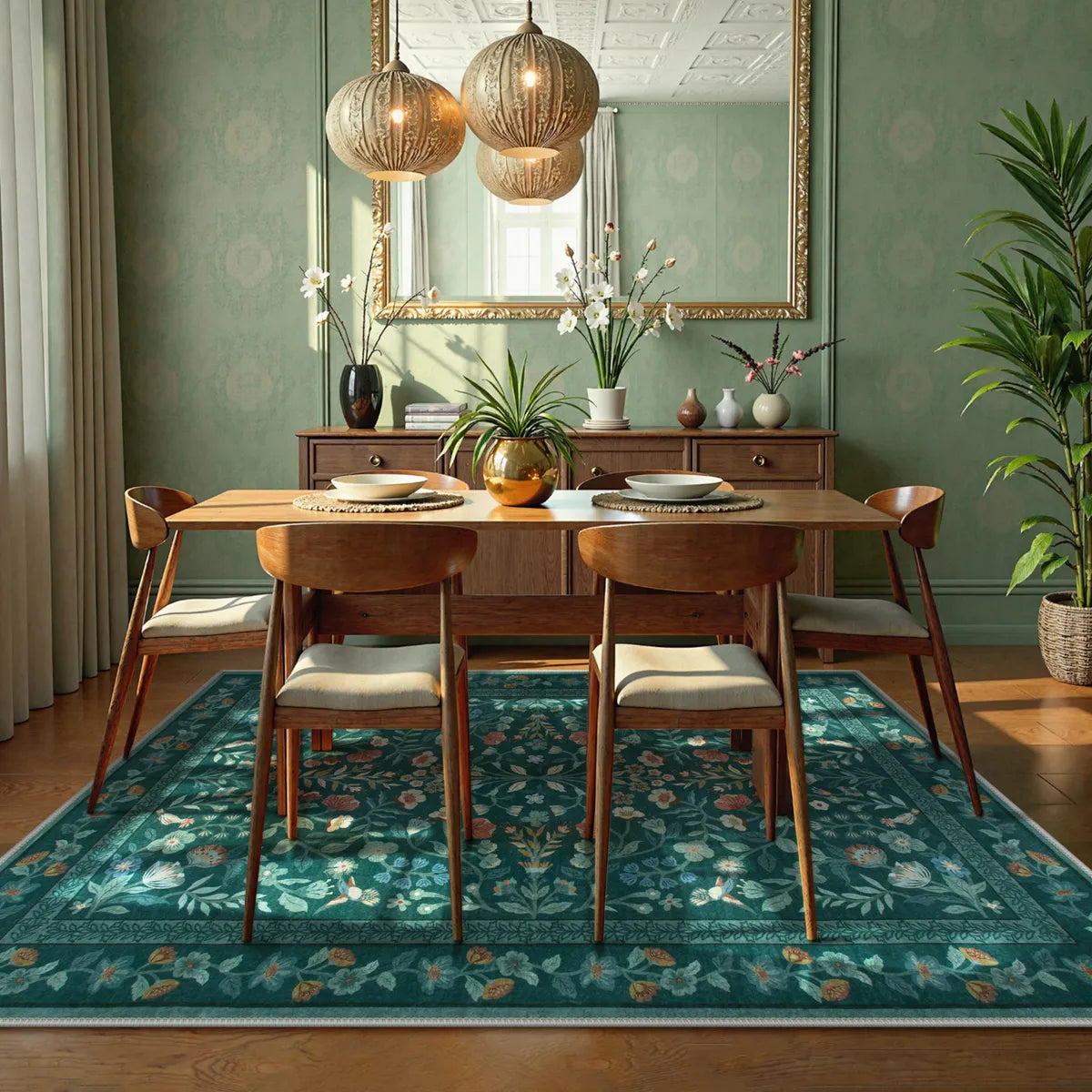 Celeste Washable Vintage Floral Green Area Rug Area Rugs Lahome
