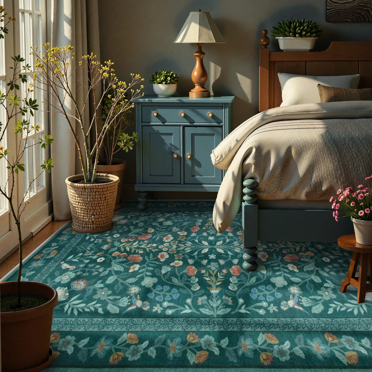 Celeste Washable Vintage Floral Green Area Rug Area Rugs Lahome