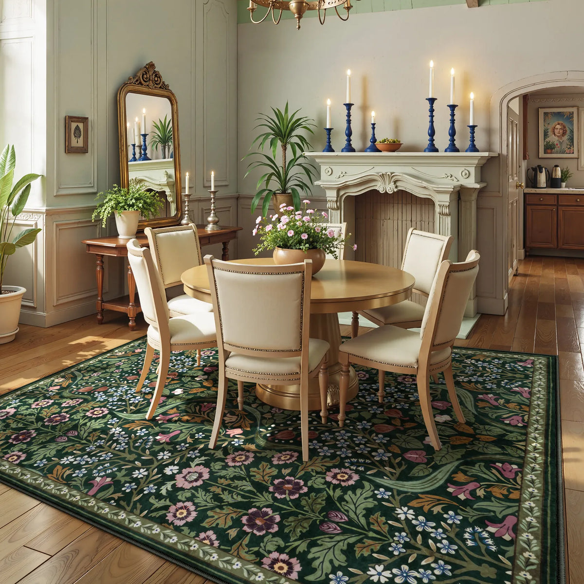 Maximilast Rug Claude Maximalism Vibrant Blossom Floral Dark Green Area Rug - Lahome