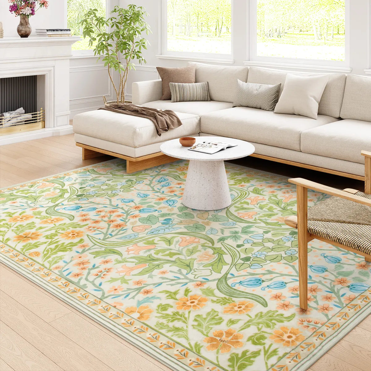 Claude Washable Maximalism Vibrant Floral Light Green Rug Area Rugs Lahome