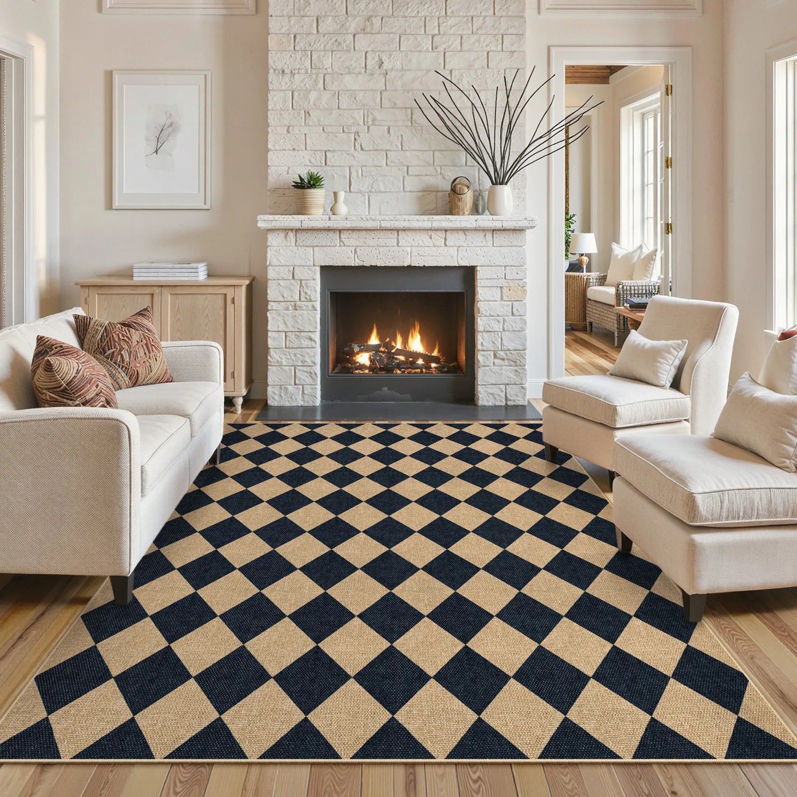 Coline Washable Geometric Checkered Easy Jute Black Indoor/Outdoor Rug Easy Jute Area Rug Lahome