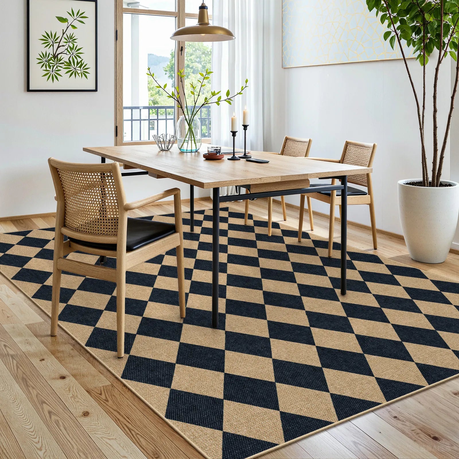 Coline Washable Geometric Checkered Easy Jute Black Indoor/Outdoor Rug Easy Jute Area Rug Lahome