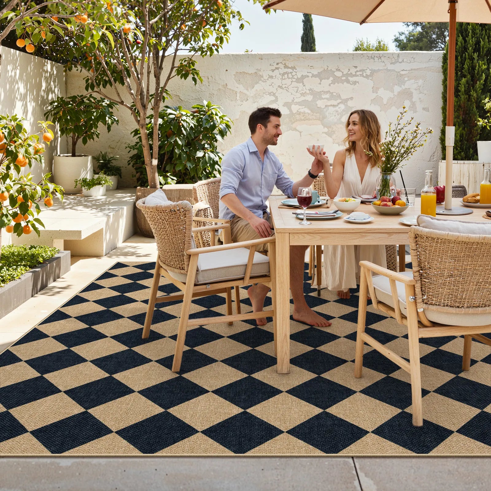 Coline Washable Geometric Checkered Easy Jute Black Indoor/Outdoor Rug Easy Jute Area Rug Lahome