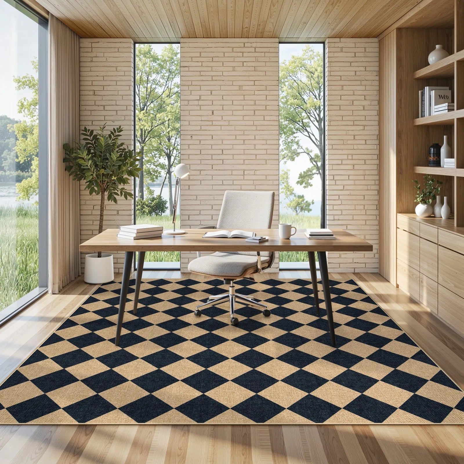 Coline Washable Geometric Checkered Easy Jute Black Indoor/Outdoor Rug Easy Jute Area Rug Lahome