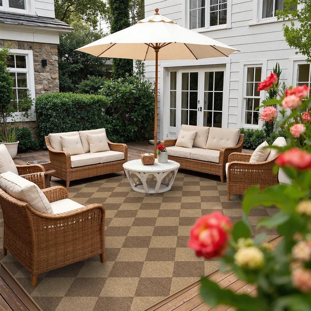 Coline Washable Geometric Checkered Easy Jute Khaki Indoor/Outdoor Rug Easy Jute Area Rug Lahome