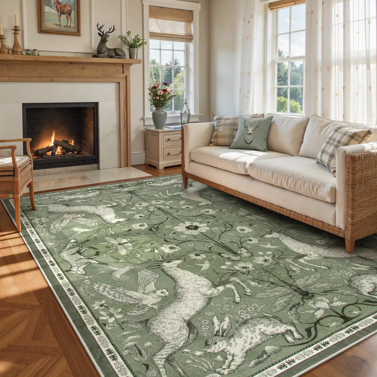 Dorval Washable Vintage Woodland Olive Green Rug Area Rugs Lahome