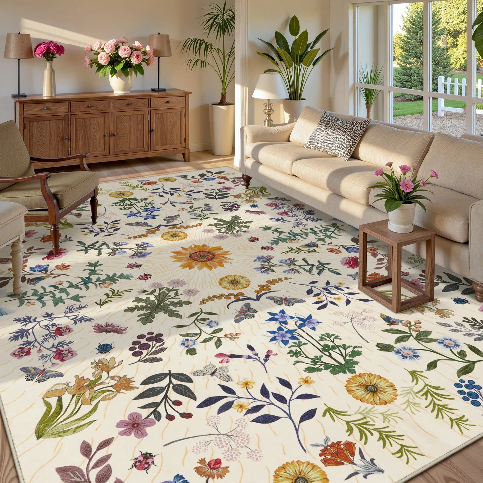 Eclore Washable Boho Botanical Floral Beige Rug Area Rugs Lahome
