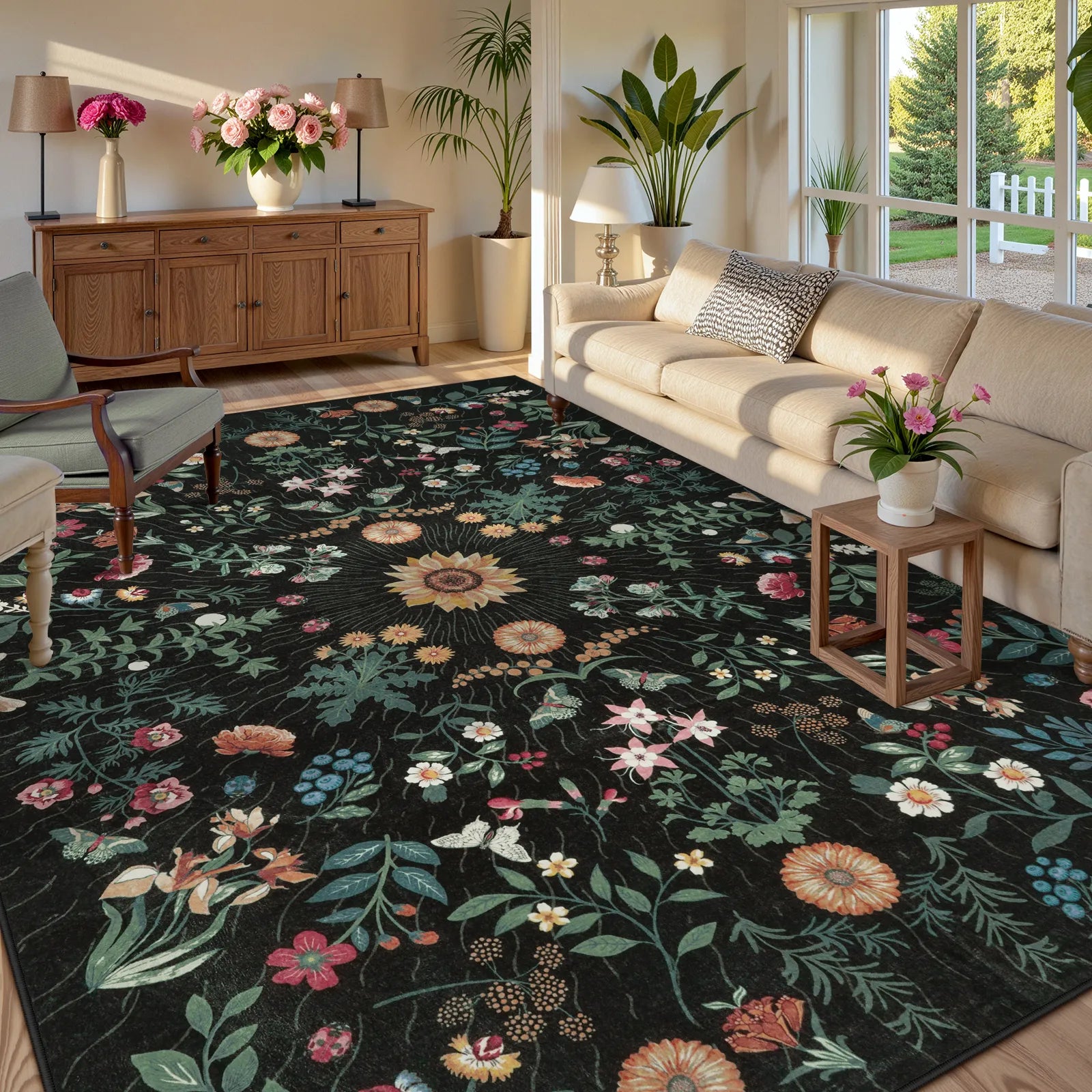 Eclore Washable Boho Botanical Floral Black Rug Area Rugs Lahome