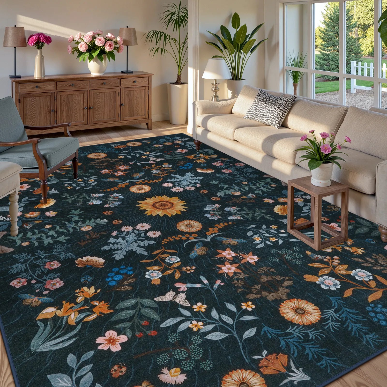 Eclore Washable Boho Botanical Floral Blue Rug Area Rugs Lahome