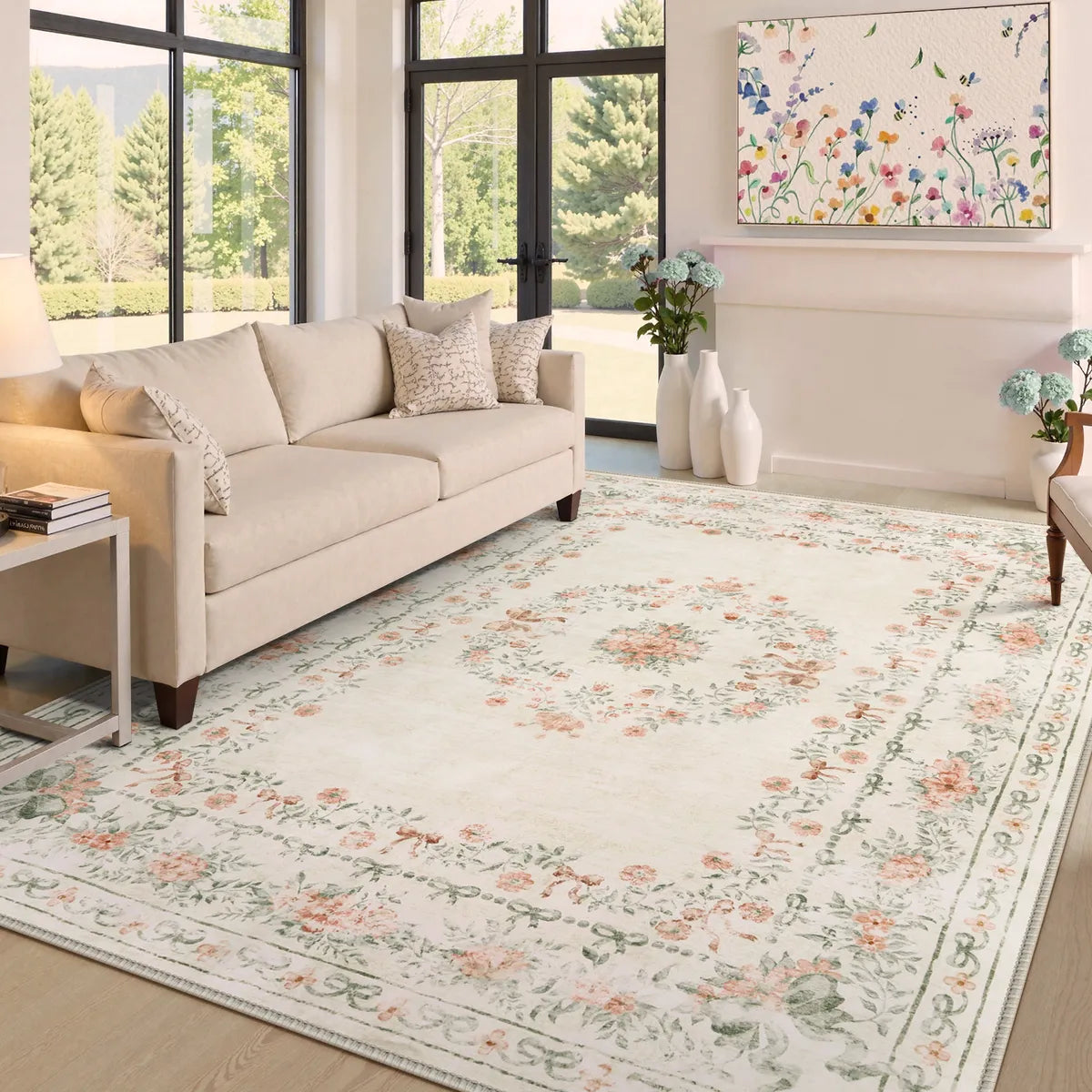 Eliane Washable Vintage Traditional Floral Beige Rug Area Rugs Lahome 8' x 10'