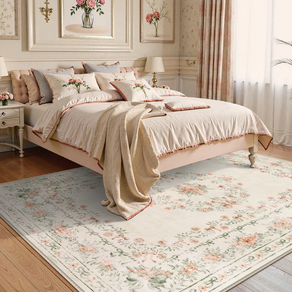 Eliane Washable Vintage Traditional Floral Beige Rug Area Rugs Lahome