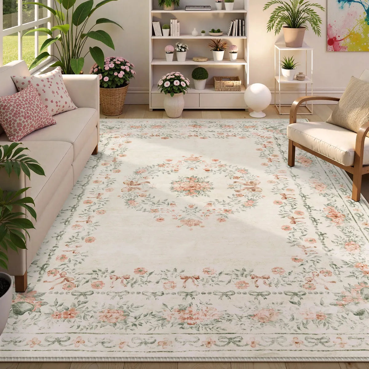 Eliane Washable Vintage Traditional Floral Beige Rug Area Rugs Lahome