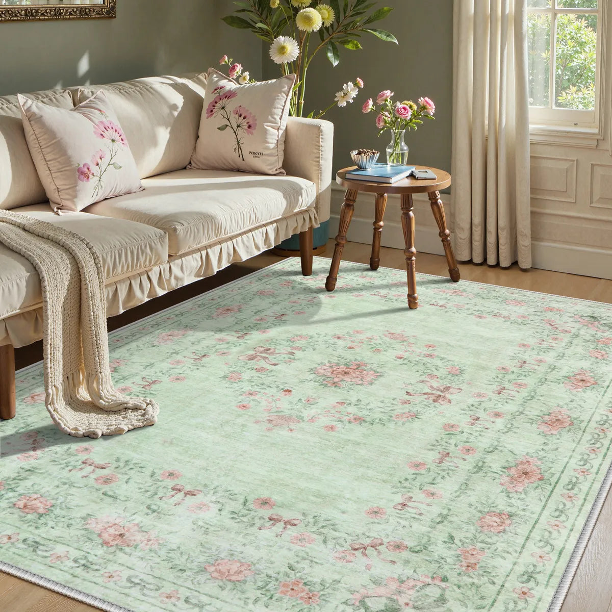 Eliane Washable Vintage Traditional Floral Green Rug Area Rugs Lahome