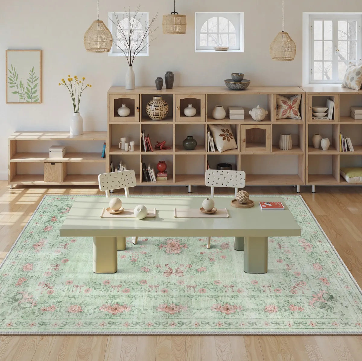 Eliane Washable Vintage Traditional Floral Green Rug Area Rugs Lahome