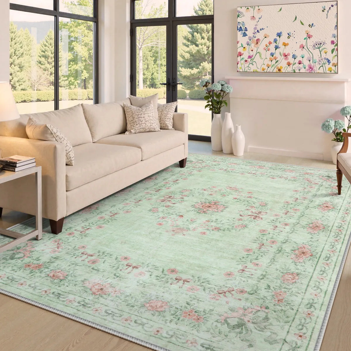 Eliane Washable Vintage Traditional Floral Green Rug Area Rugs Lahome 8' x 10'