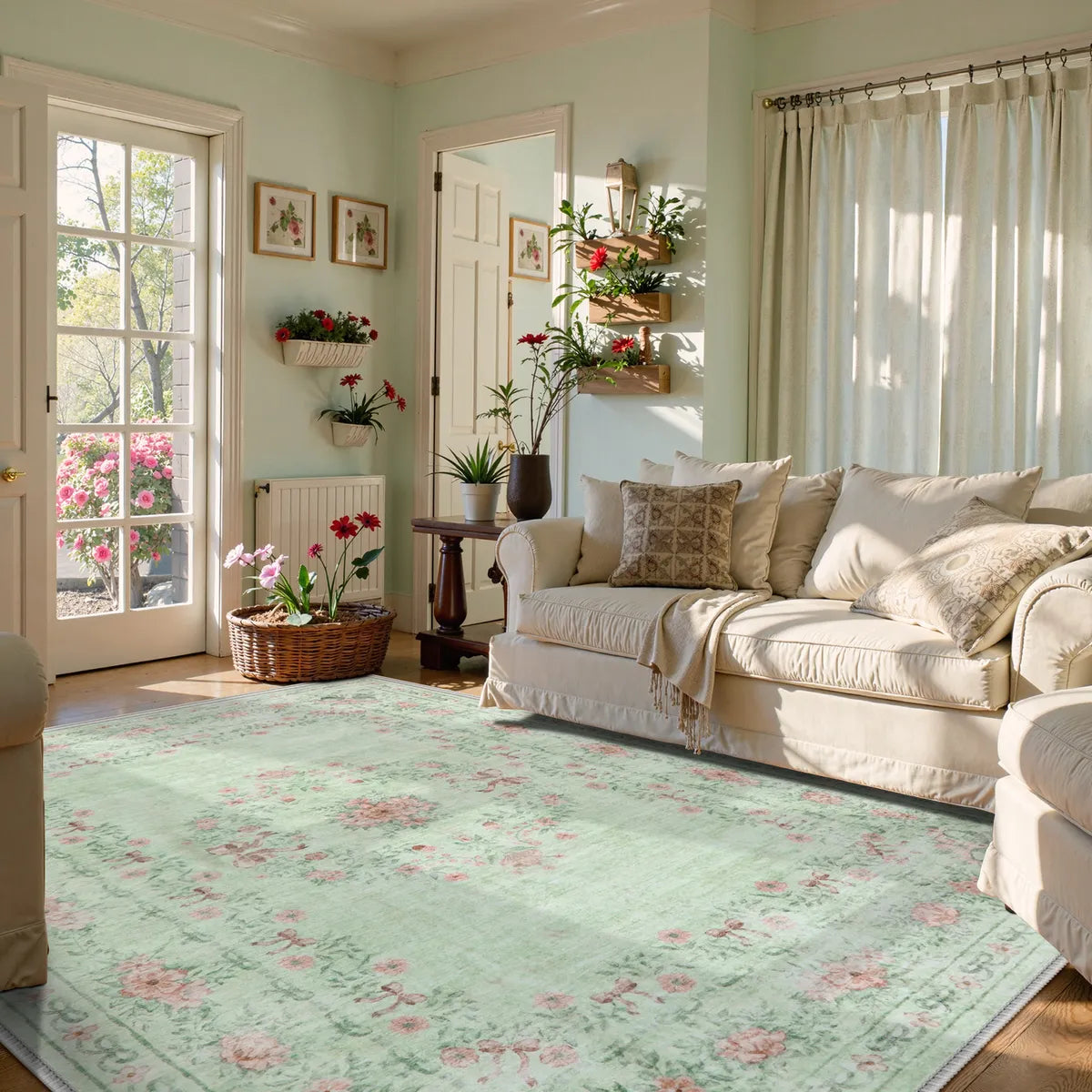 Eliane Washable Vintage Traditional Floral Green Rug Area Rugs Lahome