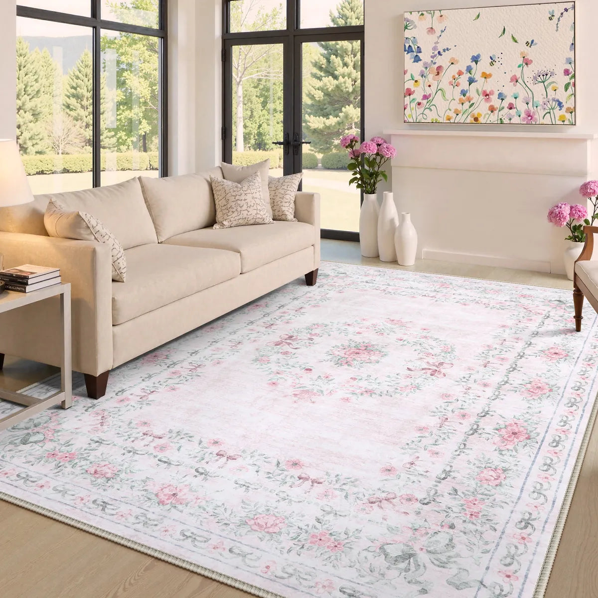 Eliane Washable Vintage Traditional Floral Pink Rug Area Rugs Lahome 8' x 10'