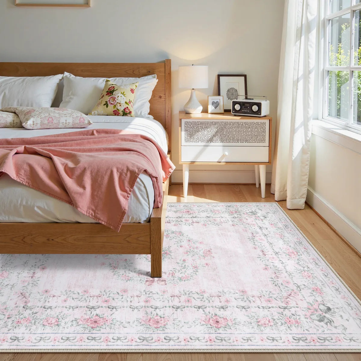Eliane Washable Vintage Traditional Floral Pink Rug Area Rugs Lahome
