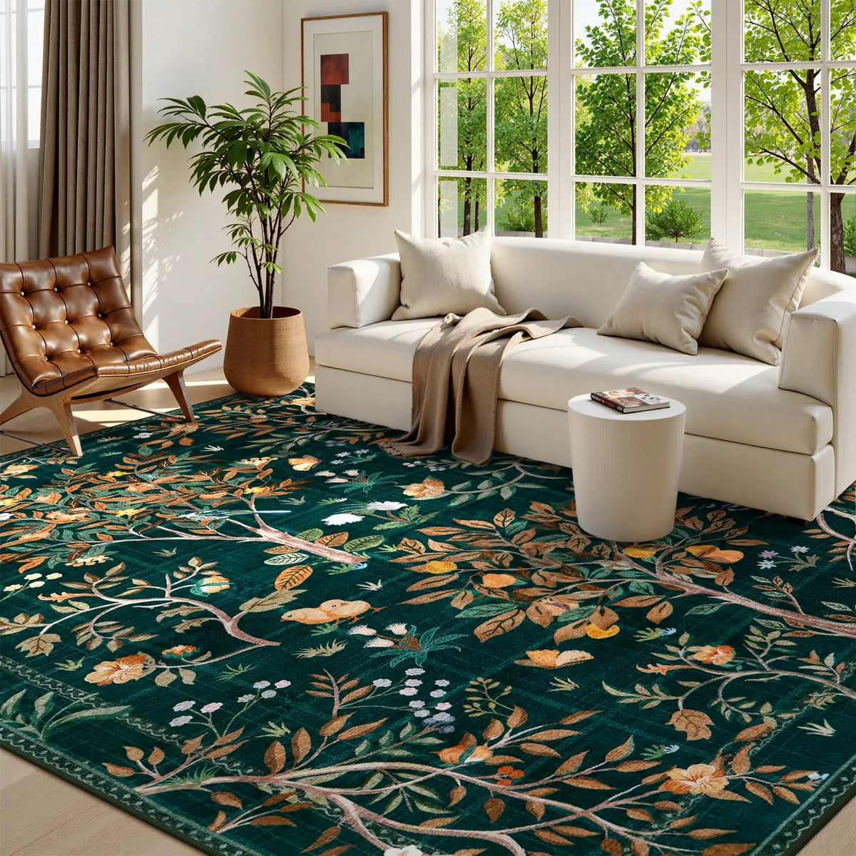 Elowen Washable Boho Forest Botanical Dark Green Rug Rugs Lahome