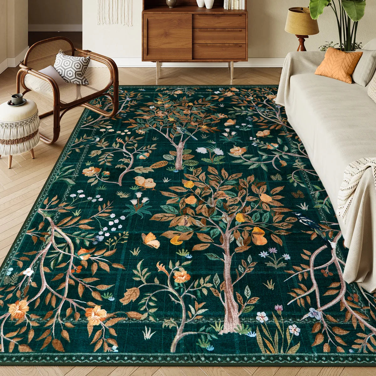 Elowen Washable Boho Forest Botanical Dark Green Rug Rugs Lahome 8' x 10'