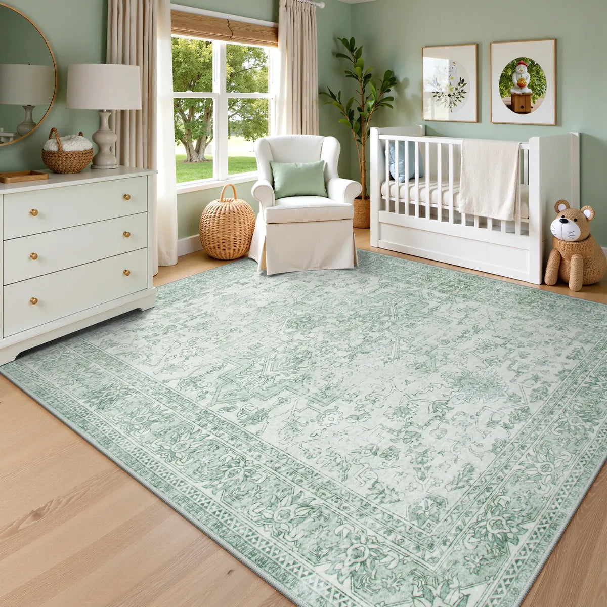 Elysee Washable Vintage Traditional Medallion Green Rug Area Rugs Lahome