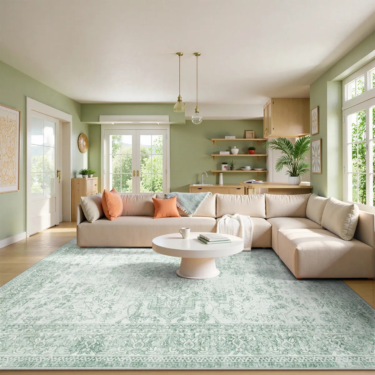 Elysee Washable Vintage Traditional Medallion Green Rug Area Rugs Lahome 8' x 10'