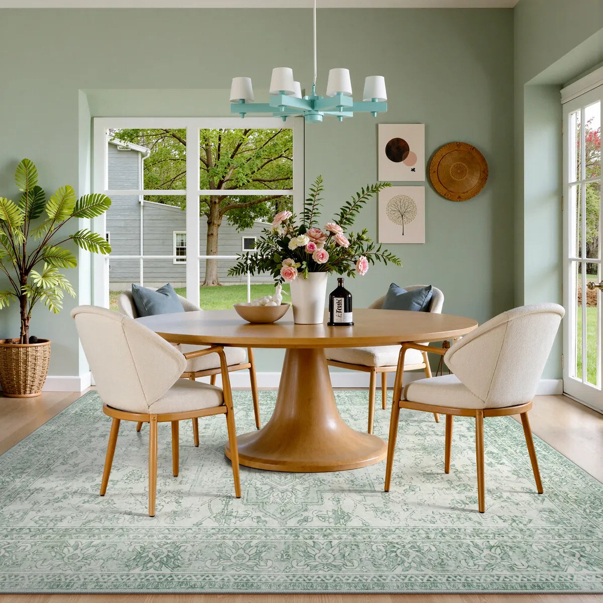 Elysee Washable Vintage Traditional Medallion Green Rug Area Rugs Lahome