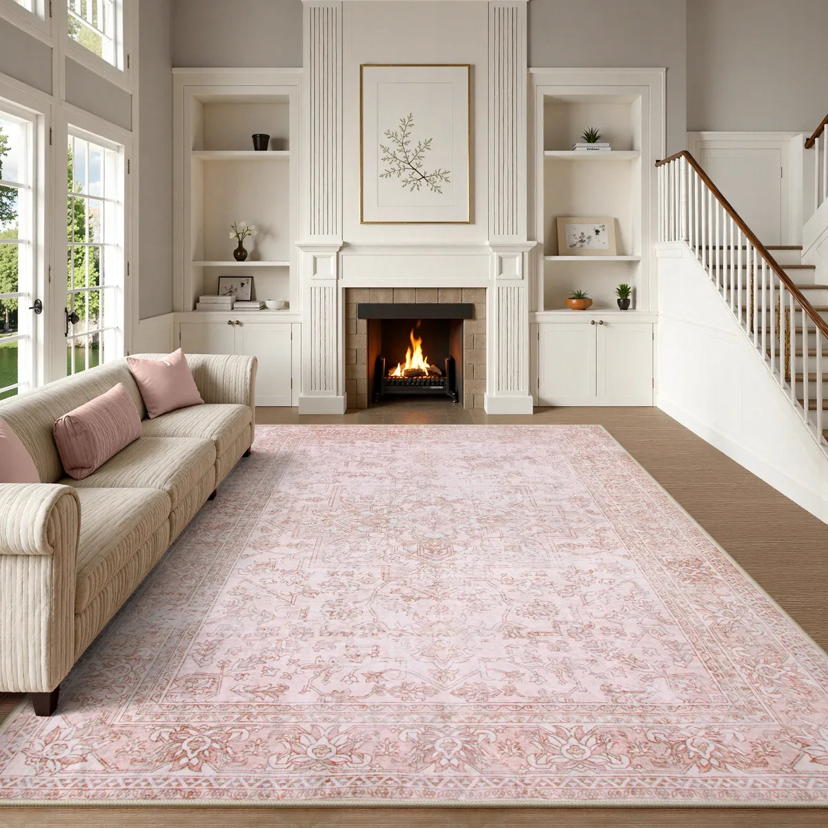 Elysee Washable Vintage Traditional Medallion Pink Rug Area Rugs Lahome