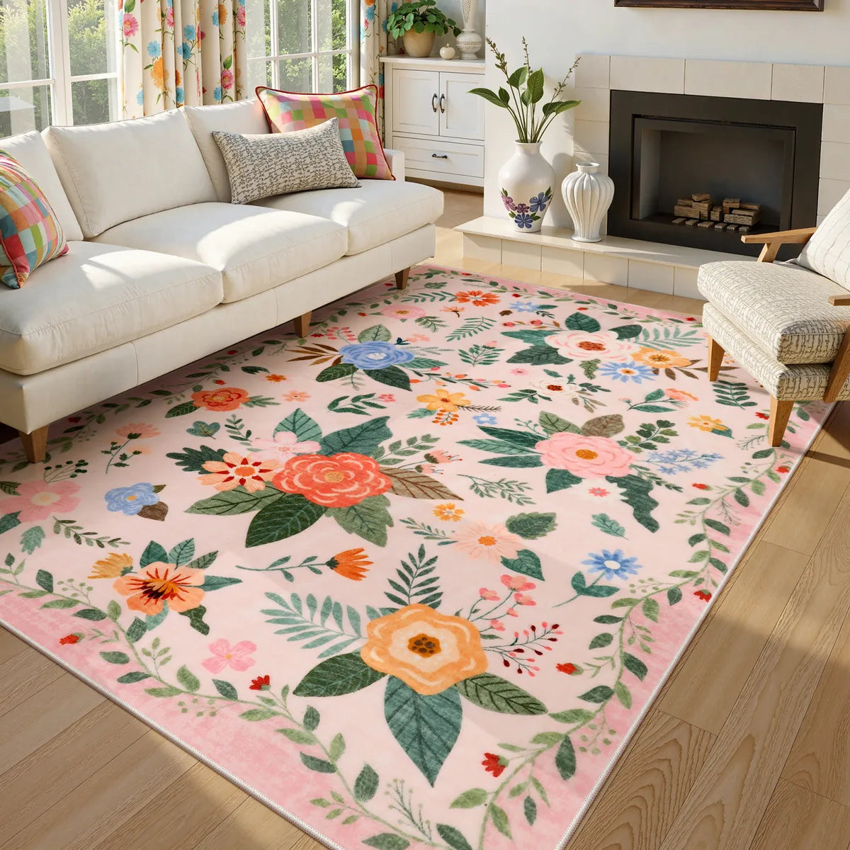 Fleurin Washable Floral Garden Pink Rug Area Rugs Lahome 8' x 10'