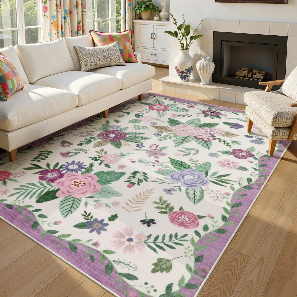 Fleurin Washable Floral Garden Purple Rug Rugs Lahome