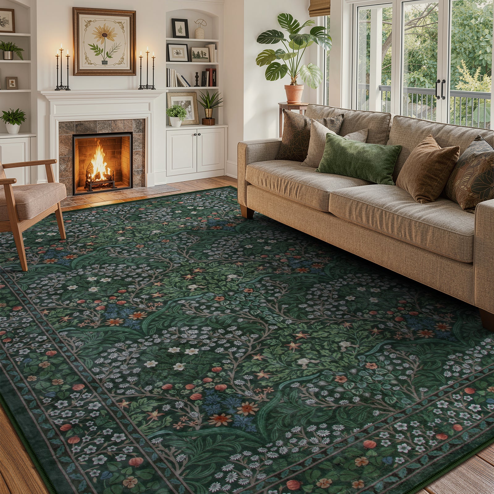 vintage rug★ビンテージ★メキシカンラグ★usa仕入れ★ Washable Dark Green Vintage French Floral Rug | Giverny Maximalism