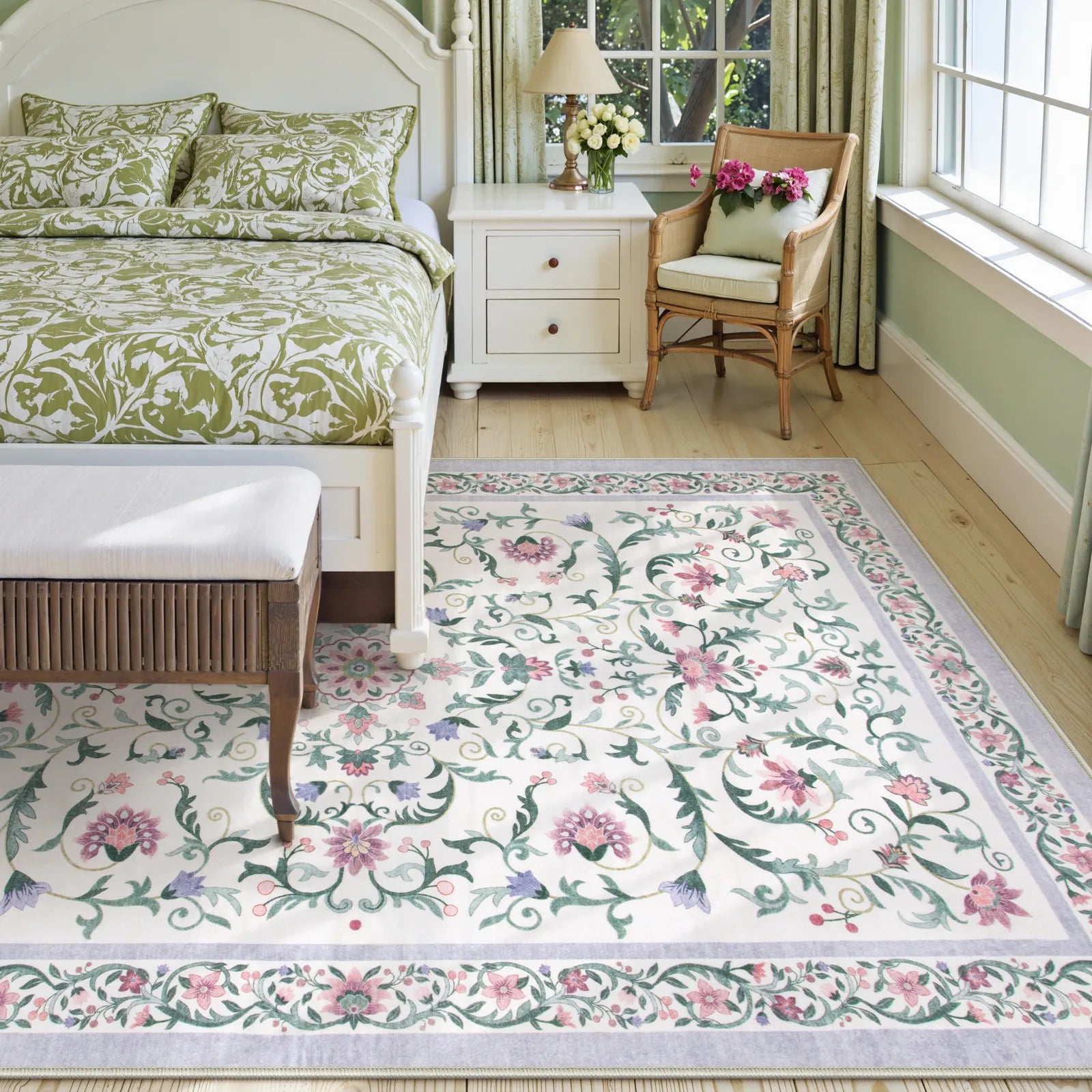 Lorevie Washable Boho vintage Garden Floral Purple Rug Rugs Lahome